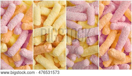 Collage With Tasty Corn Puffs In Different Colors, Top View