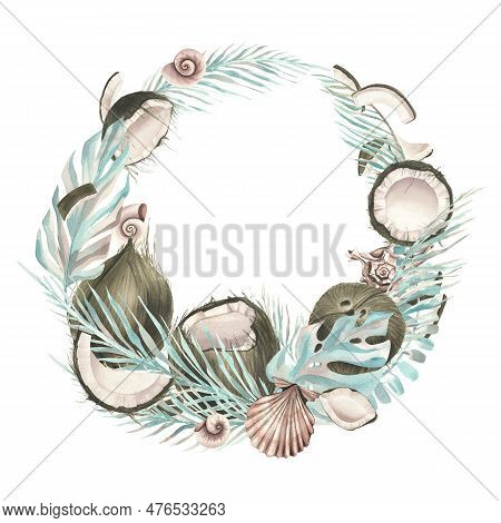 Whole Coconuts And Slices With Tropical Palm Leaves And Seashells. Watercolor Illustration. Wreath O