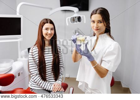 Young Woman Having A Visit At The Dentist. Female Doctor Showing Fake Plastic Jaw. Beautiful Girl Pa