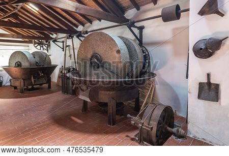 Olive Oil Press Is Installed In Premises Of Ancient Equipment For Production Of Olive Oil, Stone Mil