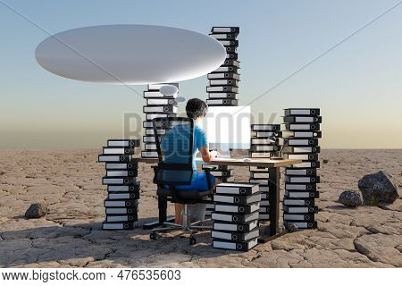 Man Sitting At Pc Office Workplace In Desert Environment With Huge Stacks Of Binders And Cloud Over 