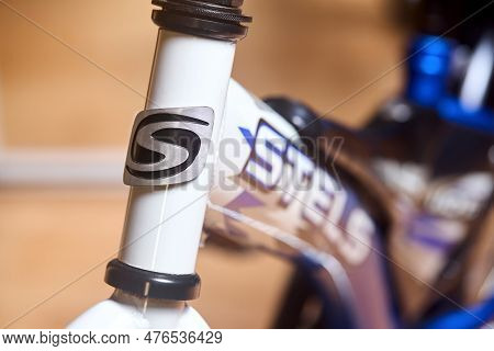 Berlin - May 2023: Children Bicycle Stels Ergonomic Fragment Of Head Tube, Top Part Of Fork With Log