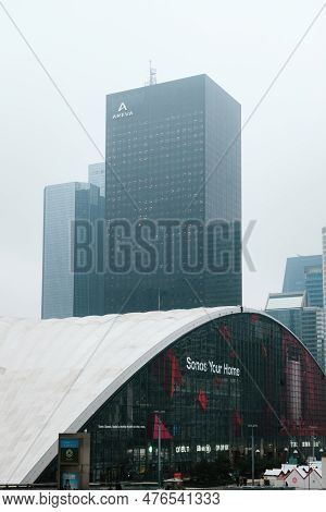 Paris, France - Dec 3, 2014: The Areva Tower Stands Tall In The Courbevoie Skyline, Its Facade Illum