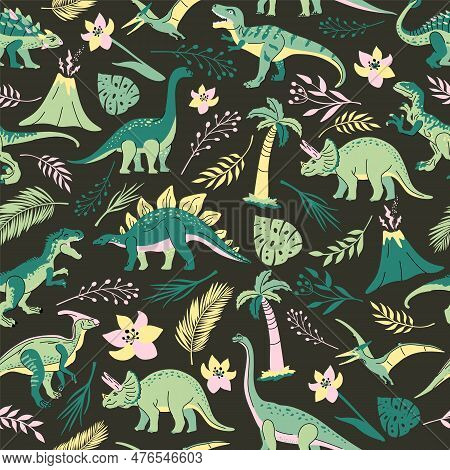 Seamless Pattern With Bright Dinosaurs And Green Plants Including T-rex, Brontosaurus, Triceratops, 