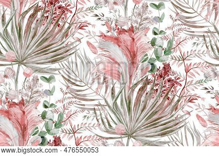Seamless Pattern With Herbs And Palm Leaves And Pampas Grass For Textile