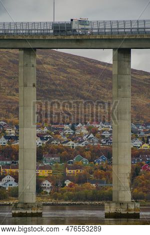 Bridge And Suburban Housing Area In The City Of Tromso, Northern Norway In Autumn