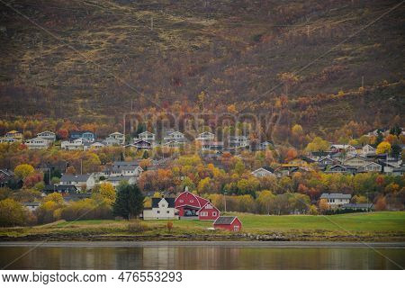 Bridge And Suburban Housing Area In The City Of Tromso, Northern Norway In Autumn