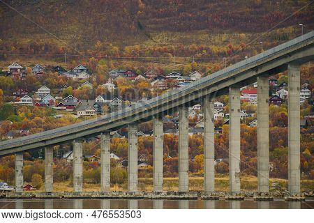 Bridge And Suburban Housing Area In The City Of Tromso, Northern Norway In Autumn