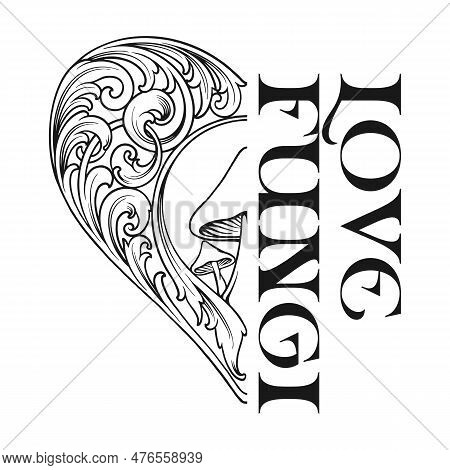 Magic Mushrooms Half Shaped Vintage Flourish Ornament Illustrations Monochrome Vector Illustrations 