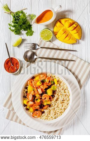 Caribbean Grilled Shrimps With Black Beans, Mango Pineapple Salsa Served With Brown Rice In White Bo