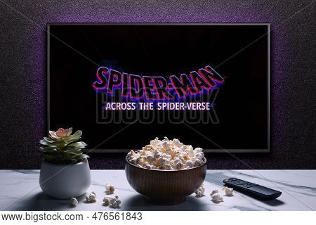 Tv Screen Playing Spider-man Across The Spider-verse Trailer Or Movie. Tv With Remote Control, Popco