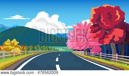 Copy Space Flat Vector Illustration. Of Curved Asphalt Road Path And Environment Of Wide Open Fields