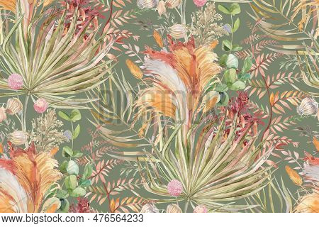 Seamless Pattern With Herbs And Palm Leaves And Pampas Grass For Textile