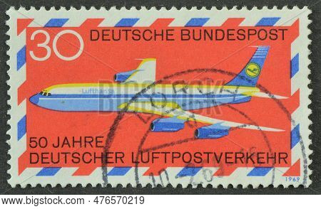 Cancelled Postage Stamp Printed By Germany, That Shows Boeing 707 Airliner, 50th Anniversary Of Germ