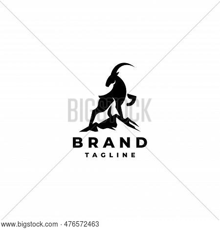 Silhouette Of A Goat Standing On The Top Of A Mountain Logo Design. Goat And Mountain Silhouette Ill