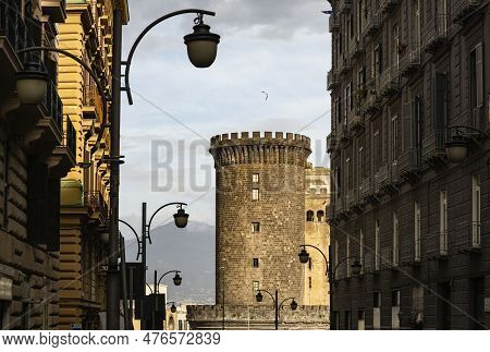 Tower Of The Castel Nuovo New Castle Or Maschio Angioino From Via Santa Brigida In Naples, Italy