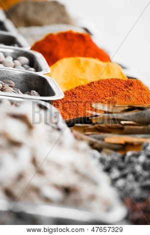 Indian Colorful Spices And Tea At Anjuna Flea Market In Goa, India