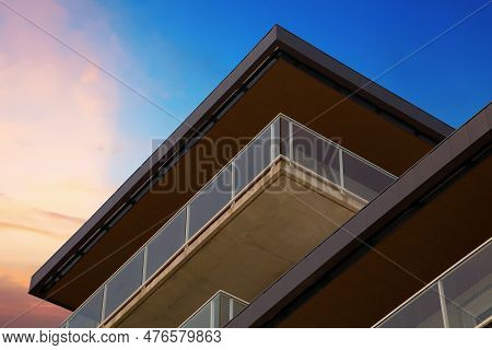 Building Balconies Corner On Blue And Pink Dramatic Sunset Minimalist Architecture Residential City 