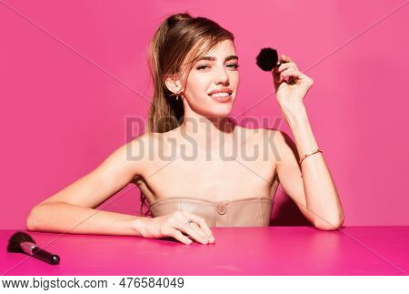 Close-up Beauty Portrait Of Attrctive Cute Sensual Young Woman With Makeup Blusher Brush, Perfect Sk