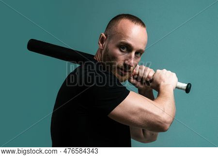 Brutal Man, Handsome Serious Male Model. Guy With Baseball Bat For Fighting. Dangerous Man With Seri