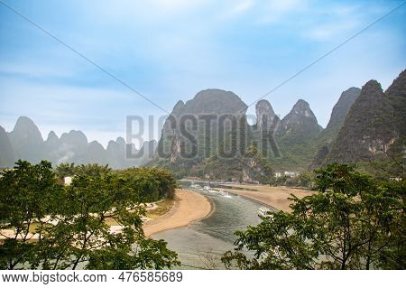 Yu Long River And Karst Mountain Landscape In Yangshuo Guilin, China. H