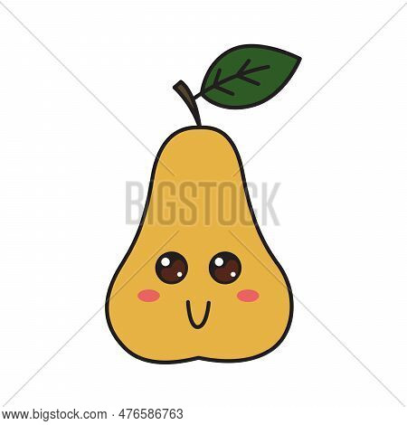 Cute Pear Character With Face. Kawaii Doodle Pear Isolated On White Background.