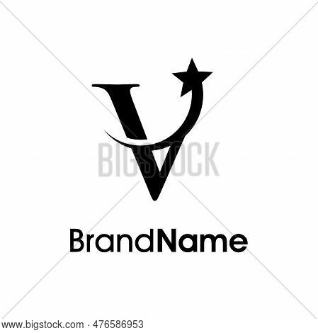 Simple And Elegant Illustration Logo Design Initial V Combine With Flying Star In Black Color. Logo 