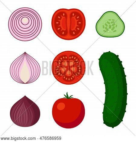 Red Onion, Tomato And Cucumber. Cut And Whole Vegetables. Isolated On White Background. Stock Vector