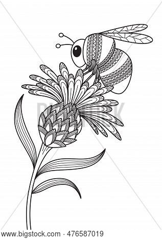 Antistress Doodle Coloring Book Page For Adult. Bumblebee On The Flower. Zentangle Insect Black And 