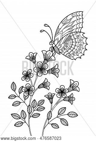 Butterfly On The Flower Anti-tress Doodle Coloring Book Page For Adult. Zentangle Insect Black And W