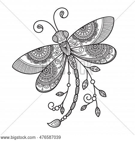 Vector Dragonfly Antistress Doodle Coloring Book Page For Adult. Insect Black And White Illustration