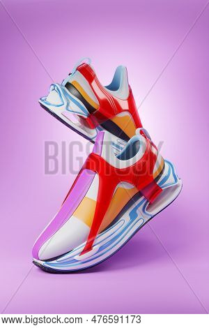 3d Illustration Of Colorful   Sneakers With Foam Soles And Closure Under Neon Color On A Purple   Ba