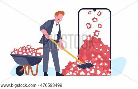 Joyful Young Man Gathers Lot Of Likes On Social Media. Huge Smartphone With Many Hearts Icons. Guy L