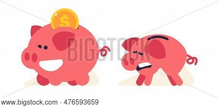 Smiling Cheerful Full And Sad Empty Piggy Bank. Fat Money Box With Coin And Skinny Crying. Make Fina