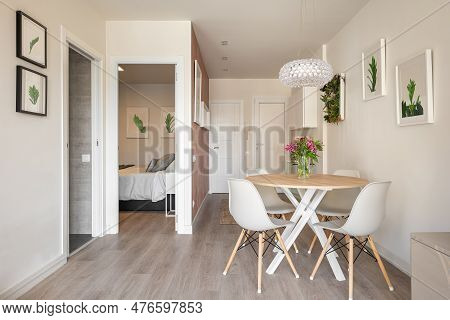 Stylish Dining Area In Studio Living Room With Table And Chairs And Decorative Accessories Overlooki