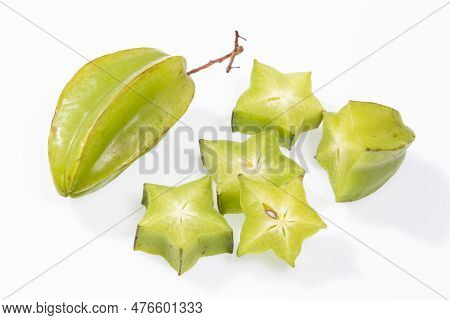 Star Fruit Or Carambola Green - Averrhoa Carambola; Photo On White Background