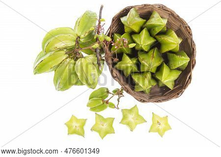 Star Fruit Or Carambola Green - Averrhoa Carambola; Photo On White Background