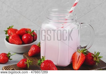 Strawberry Drink, Shake, Smoothie With Fresh Strawberry On Grey Background, Glass With Tasty Refresh