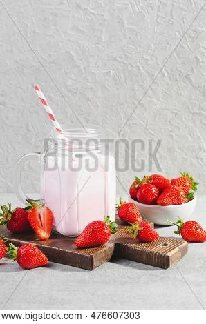 Strawberry Drink, Shake, Smoothie With Fresh Strawberry On Grey Background, Glass With Tasty Refresh