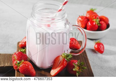Strawberry Drink, Shake, Smoothie With Fresh Strawberry On Grey Background, Glass With Tasty Refresh