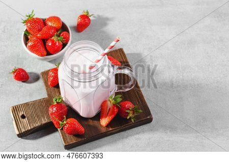 Strawberry Drink, Shake, Smoothie With Fresh Strawberry On Grey Background, Glass With Tasty Refresh