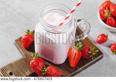 Strawberry Drink, Shake, Smoothie With Fresh Strawberry On Grey Background, Glass With Tasty Refresh