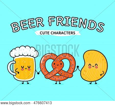 Cute, Funny Happy Glass Of Beer, Pretzel And Chips. Vector Hand Drawn Cartoon Kawaii Characters, Ill