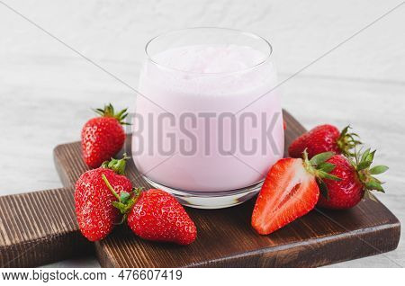 Strawberry Drink, Shake, Smoothie With Fresh Strawberry On Grey Background, Glass With Tasty Refresh