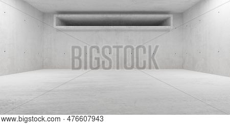 Abstract Large, Empty, Modern Concrete Room With Wide Rectangular Open Concrete Tube And Rough Floor