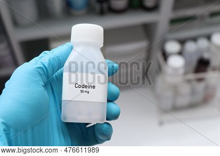 Codeine Pill In White Bottle, Pill Stock, Medical Or Pharmacy Concept