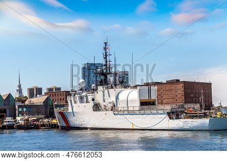 Us Coast Guard Ship Docked At Base In Boston, Massachusetts, Usa