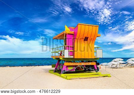 Lifeguard Tower In Miami Beach, South Beach In A Sunny Day, Florida