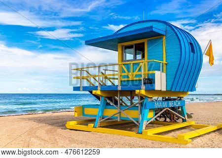 Lifeguard Tower In South Beach, Miami Beach In A Sunny Day, Florida