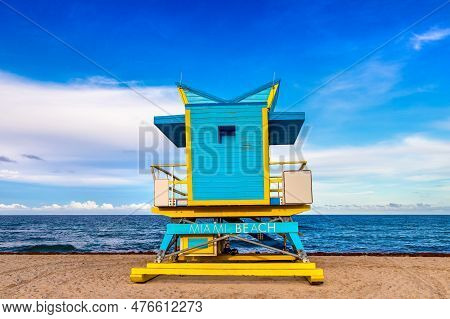 Lifeguard Tower In Miami Beach, South Beach In A Sunny Day, Florida
